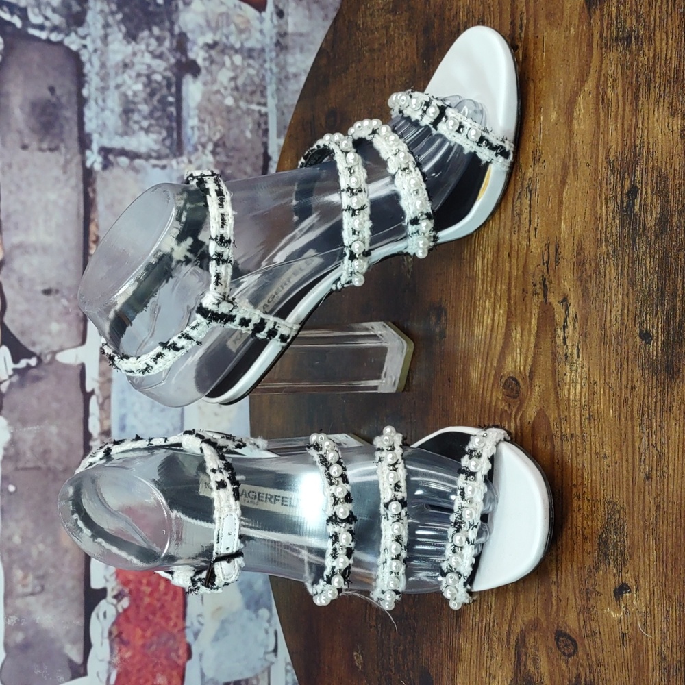 Karl Lagerfeld White and Black Beaded Clear-Strap High Heel Sandals